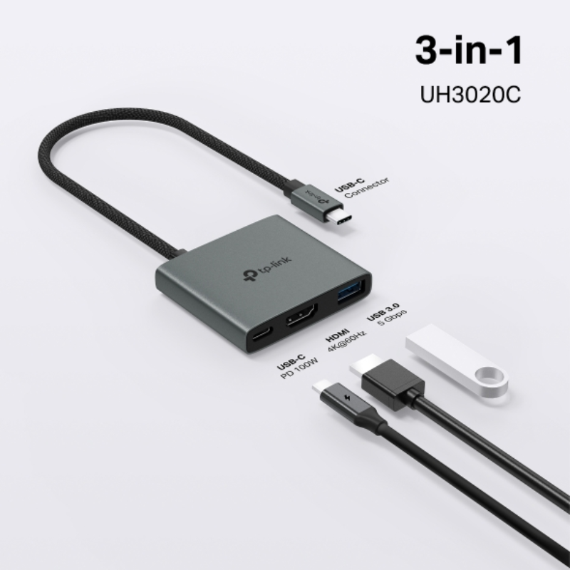 HUB TP-LINK USB-C/ 3 EN 1 / HDMI 4K@60Hz / USB-A 3.0- 5 Gbps / USB-C 100W / UH3020C - Imagen 3